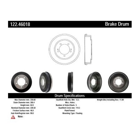 Centric Centric Premium Brake Drum, Centric Parts 122.46018 122.46018